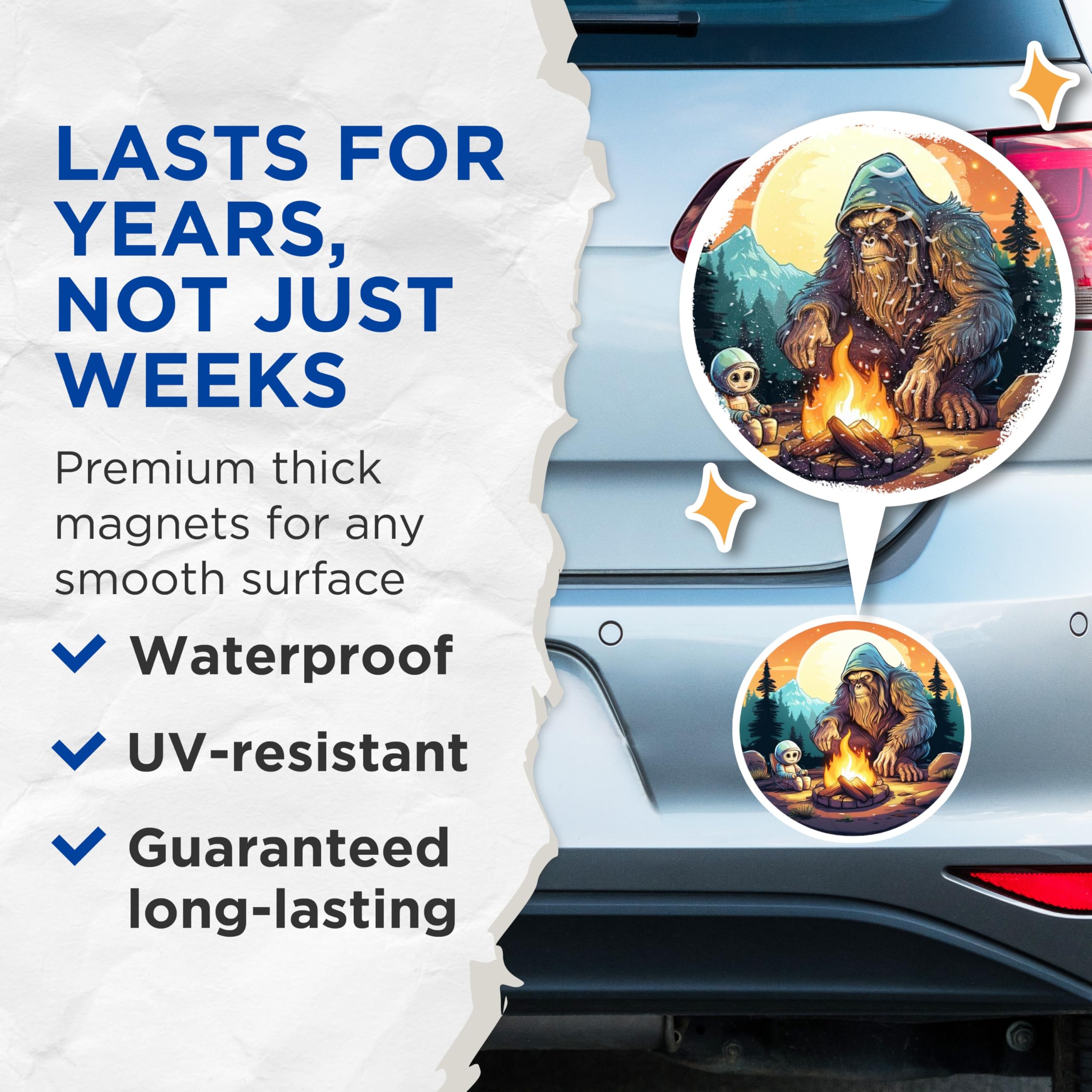 (2 Pack) Bigfoot Magnets - Sasquatch Astronaut Campfire - Cryptid Outdoor Decor - 5 Inches On Longest Side - Thick Durable Magnet - Made in USA - MAG22876