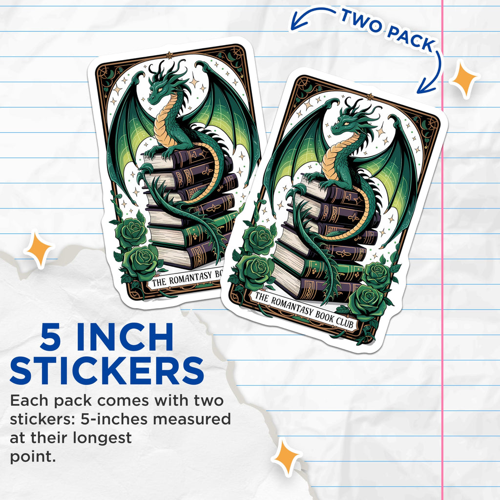 (2 Pack) Romantasy Book Club Stickers - Green Dragon on Books - Fantasy Reader Literary Decal - 5" On Longest Side - Sticks to Smooth Flat Surfaces - Made in USA - BMCS21337