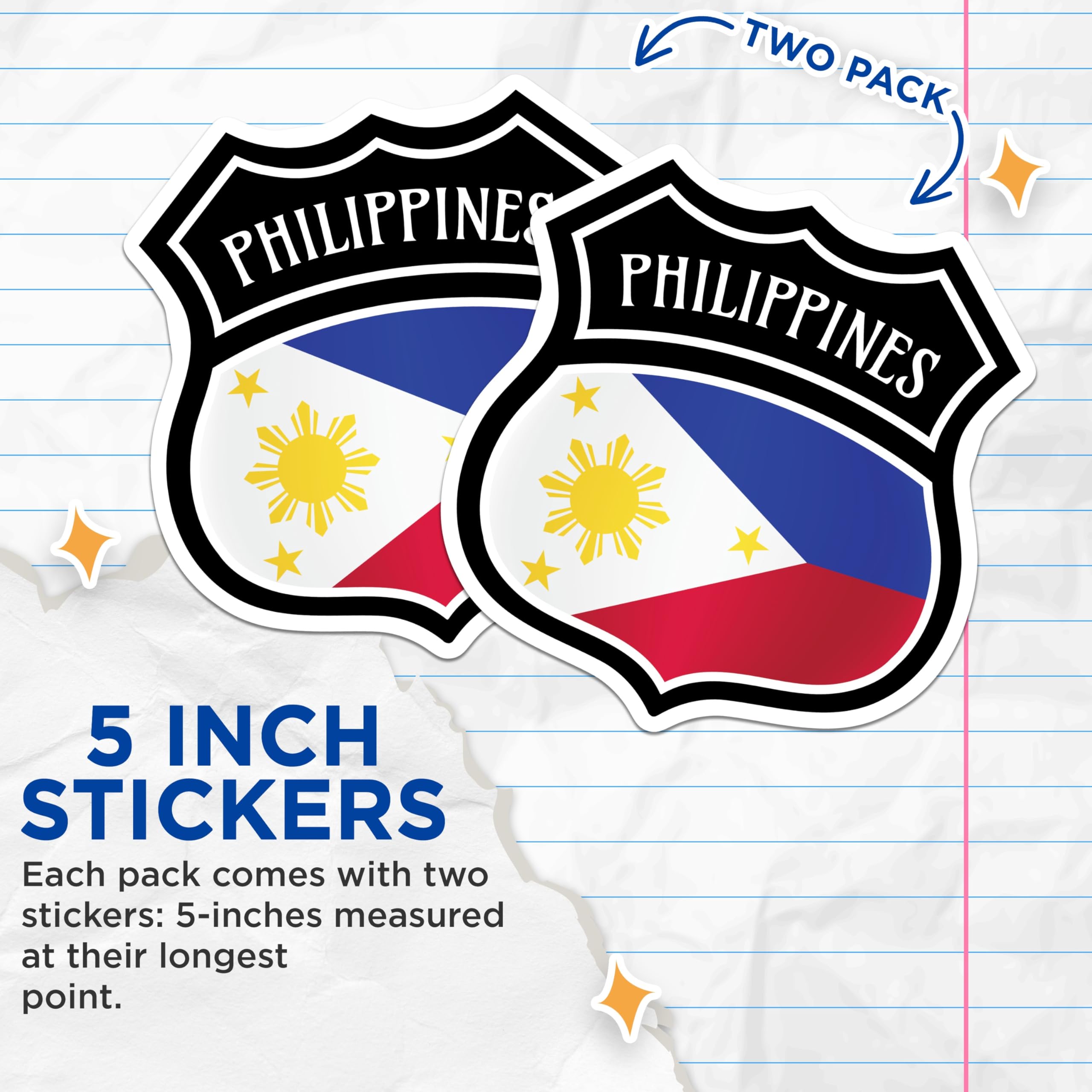 (2 Pack) Philippines Flag Stickers - Filipino Pride Decals - Souvenir Stickers - 5" On Longest Side - Sticks to Smooth Flat Surfaces - Made in USA - BMCS18279