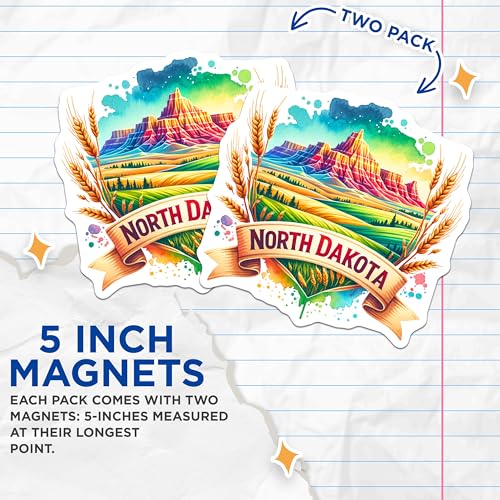 (2 Pack) North Dakota Magnets - State Souvenir - Colorful Landscape Illustrations - 5" On Longest Side - for Cars, Fridges, Toolboxes - Made in USA - MAG7270