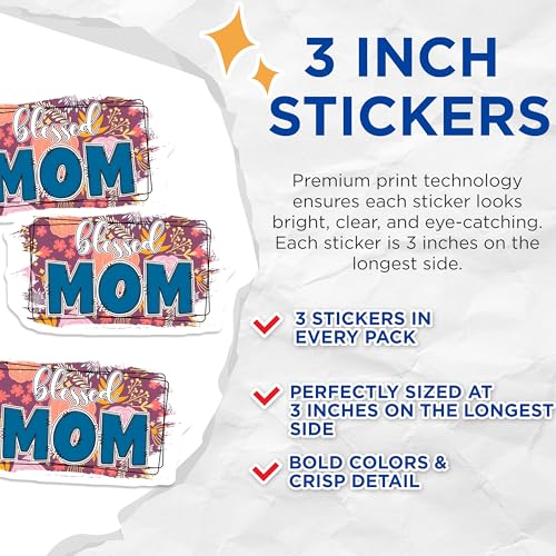 (3 Pack) Blessed Mom Decals - Floral Mom Decal - Mother's Day Present - 3 Inches On Longest Side - Easy Peel & Apply - Made in USA - 3MCS7219