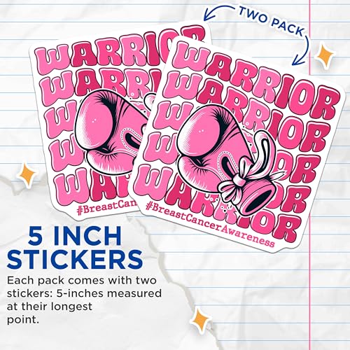 (2 Pack) Warrior Stickers - Breast Cancer Awareness - Motivational Boxing Glove Decal - 5" On Longest Side - Sticks to Smooth Flat Surfaces - Made in USA - BMCS5803