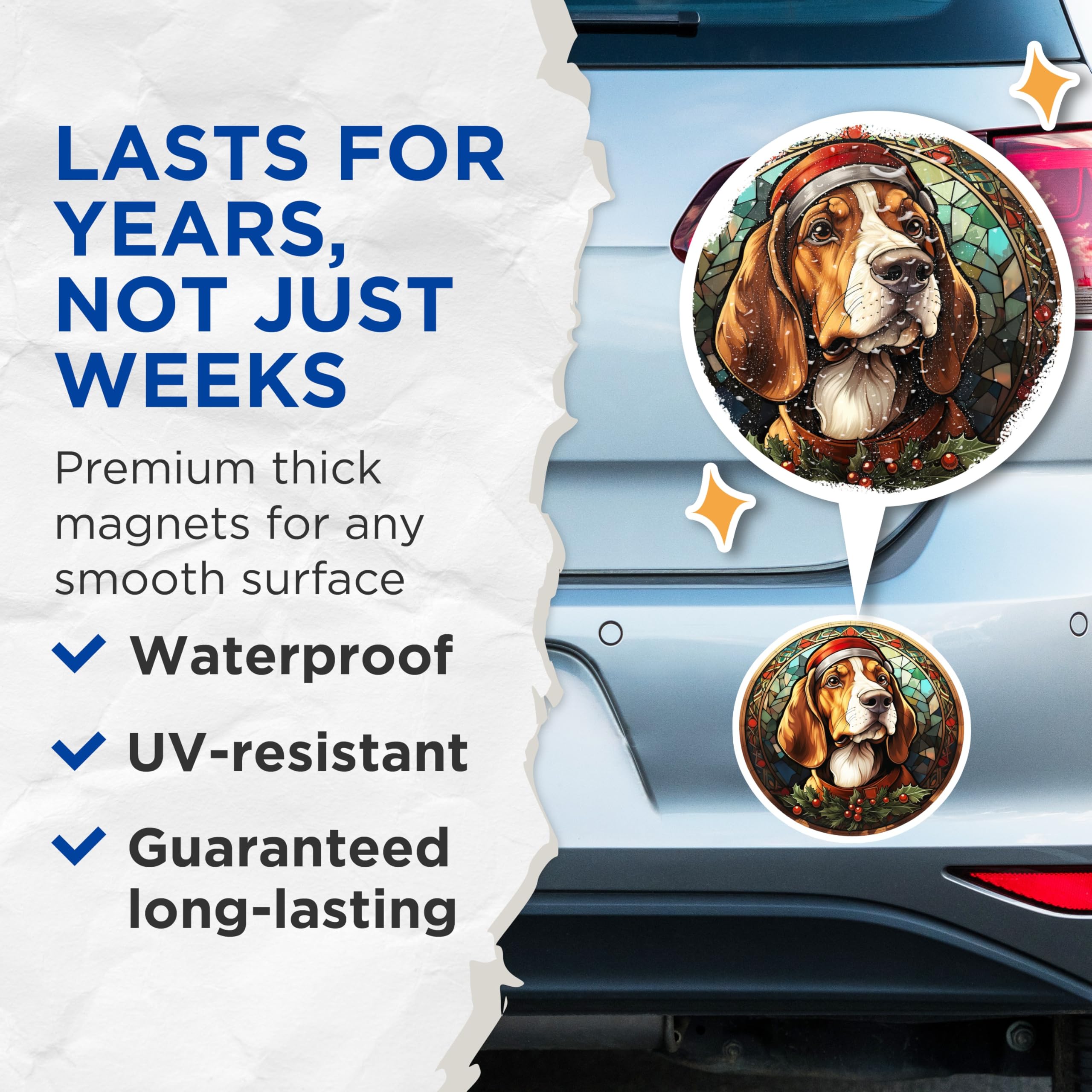 (2 Pack) Basset Hound Christmas Refrigerator Magnets - Stained Glass Dog Art - Festive Pet Lover Decor - 5 Inches On Longest Side - Thick Durable Magnet - Made in USA - MAG26490