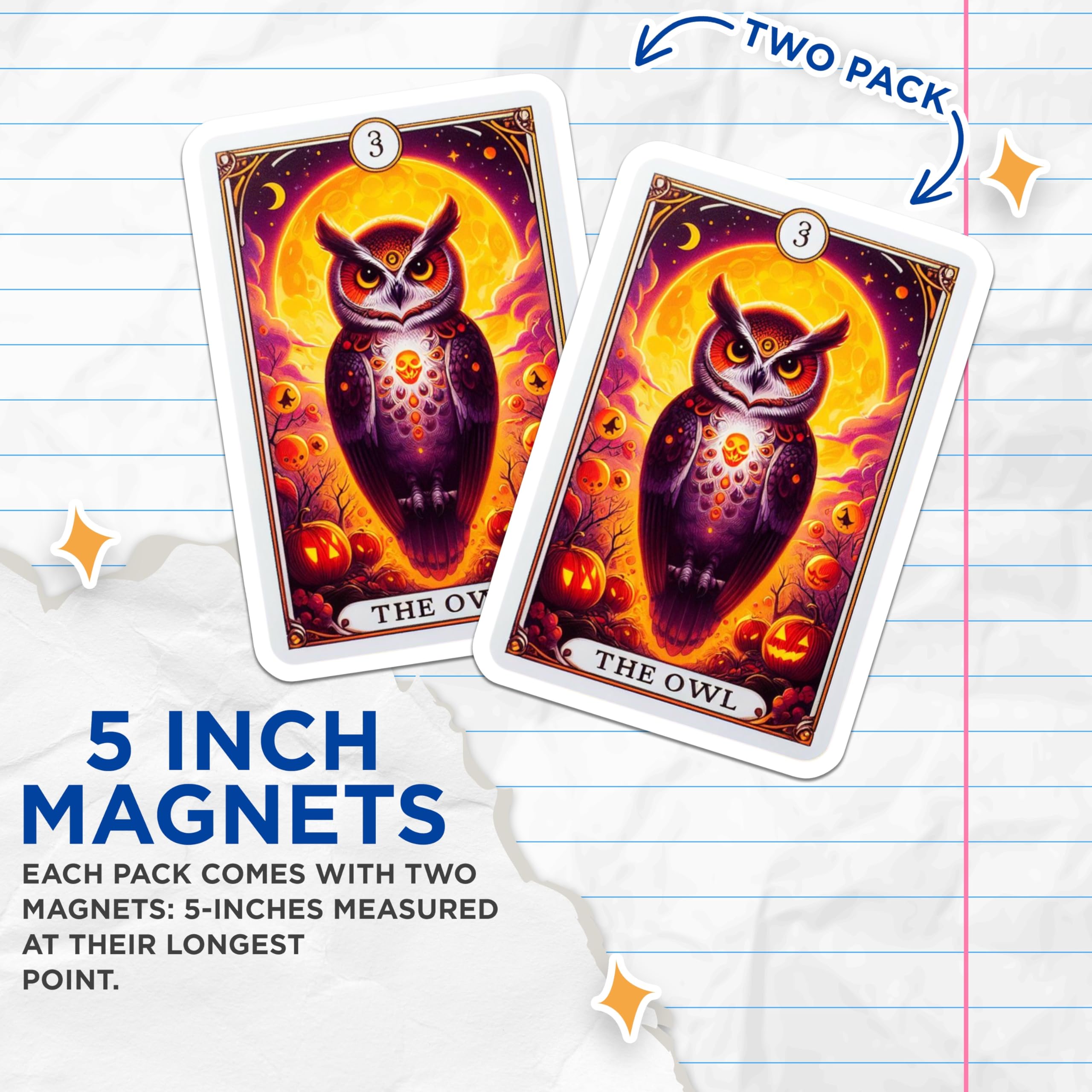(2 Pack) Halloween Owl Magnets - Mystical Tarot Card Art Decor - Spooky Full Moon Night and Jack O Lanterns - 5 Inches On Longest Side - Thick Durable Magnet - Made in USA - MAG21883