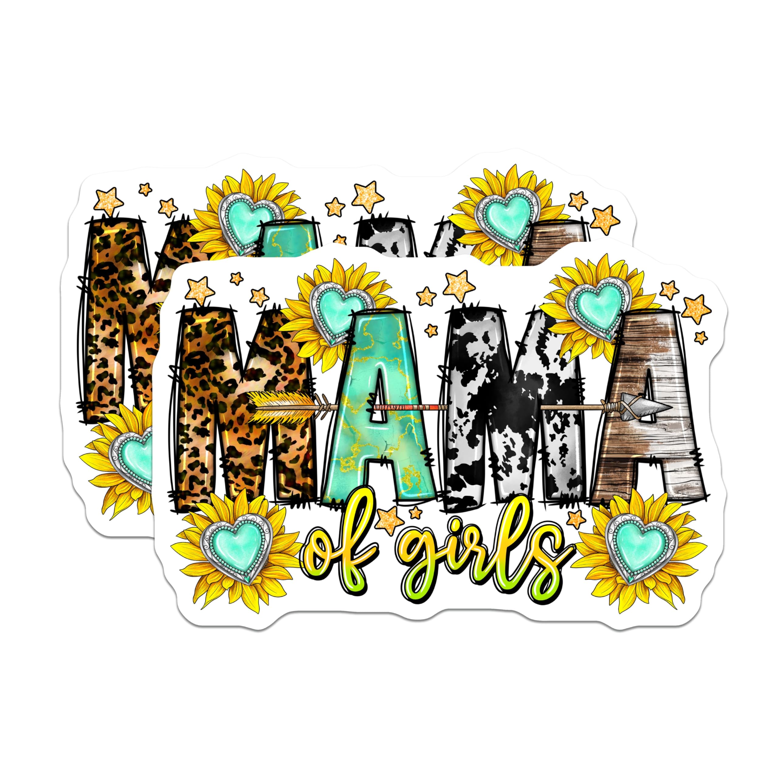 (2 Pack) Mama of Girls Magnets - Leopard Cow Print - Sunflower Turquoise Mama - 5 Inches On Longest Side - Thick Durable Magnet - Made in USA - MAG26810