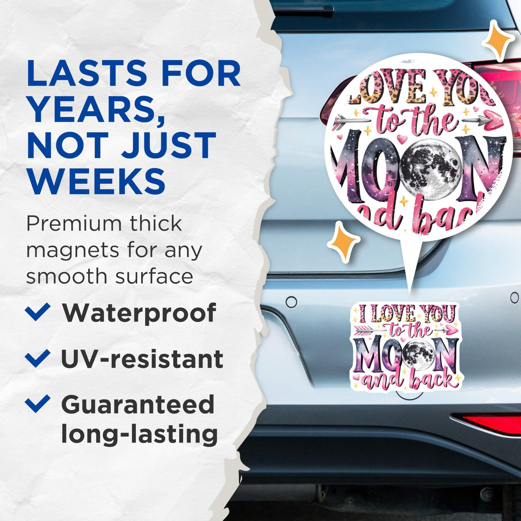 (2 Pack) I Love You to The Moon and Back Magnets - Romantic Quote Decor - Celestial Anniversary Pair - 5 Inches On Longest Side - Thick Durable Magnet - Made in USA - MAG26913