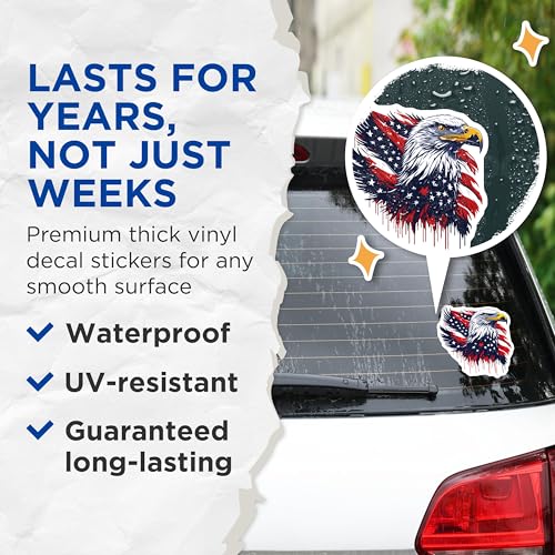 (2 Pack) American Flag Bald Eagle Stickers - Patriotic Stickers - USA Pride Stickers - 5" On Longest Side - Sticks to Smooth Flat Surfaces - Made in USA - BMCS6762