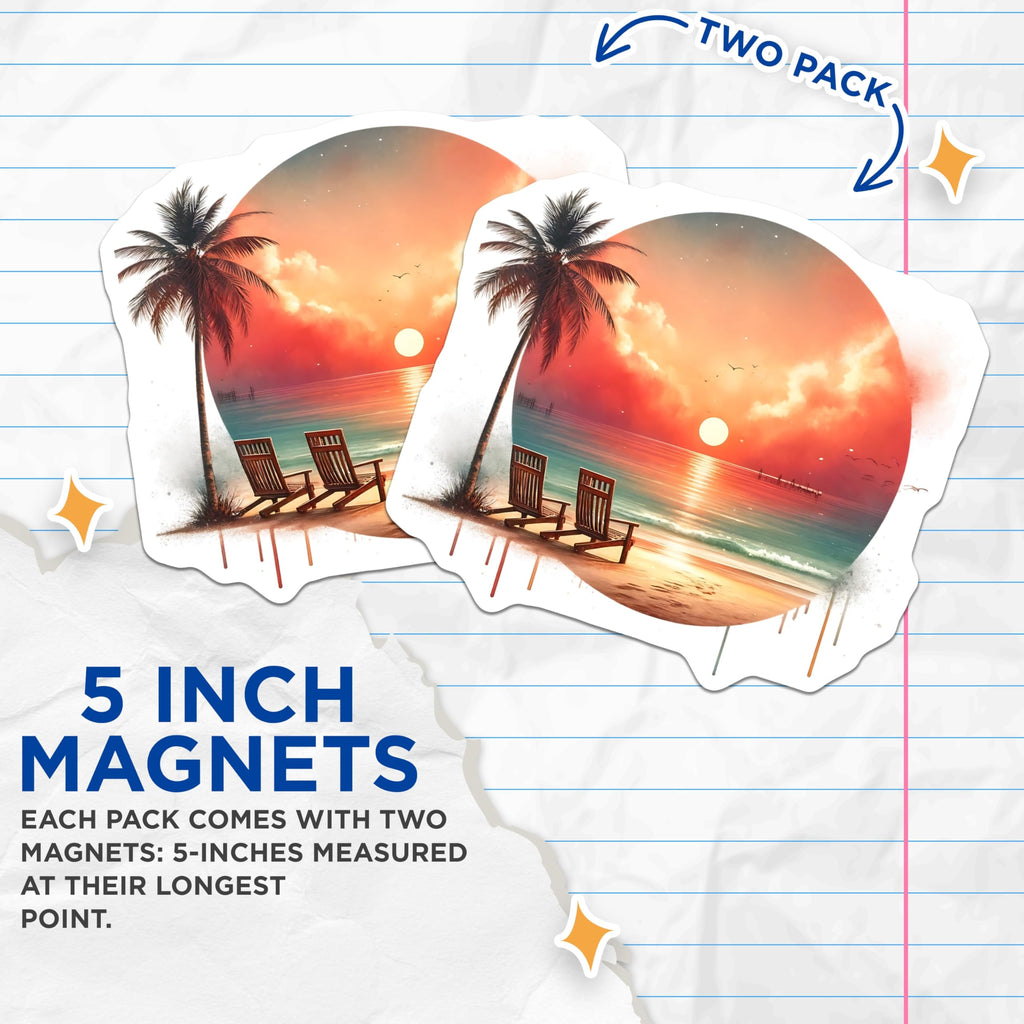 (2 Pack) Beach Sunset Magnets - Palm Tree Scene - Ocean View Art - 5" On Longest Side - Premium Magnet - for Cars, Refrigerators, Toolboxes, Lockers - Made in USA - MAG15196