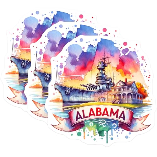 (3 Pack) Alabama Decals - Battleship - Watercolor Art - Laptop Decal- 3 Inches On Longest Side - Easy Peel & Apply - Made in USA - 3MCS5535