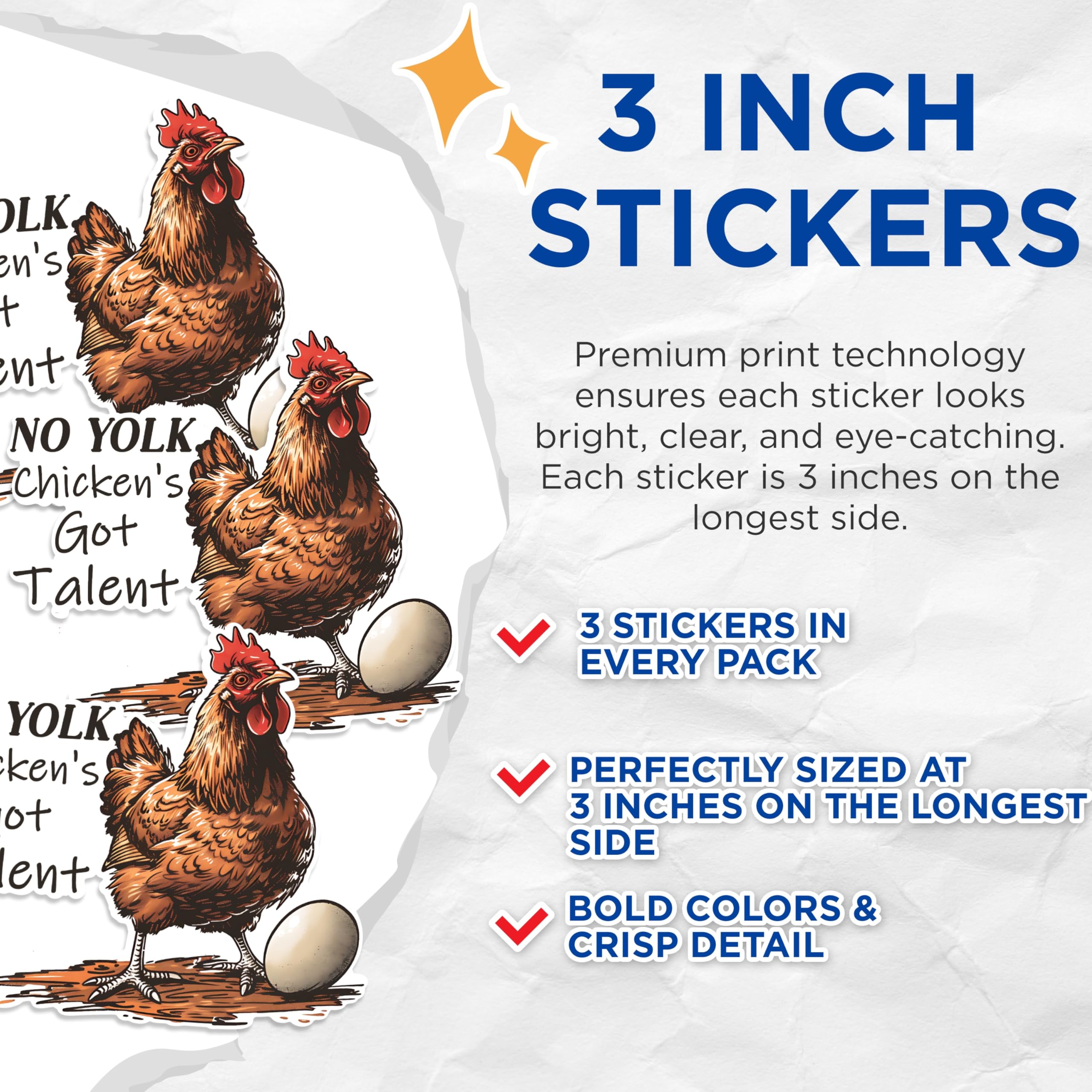 (3 Pack) Funny Chicken Decals - No Yolk - Got Talent Decal - 3 Inches On Longest Side - Easy Peel & Apply - Made in USA - 3MCS1465