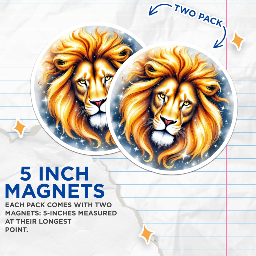 (2 Pack) Lion Art Magnets - Zodiac Sign Decor - Majestic Animal Fridge Embellishments - 5" On Longest Side - Premium Magnet - for Cars, Refrigerators, Toolboxes, Lockers - Made in USA - MAG16316