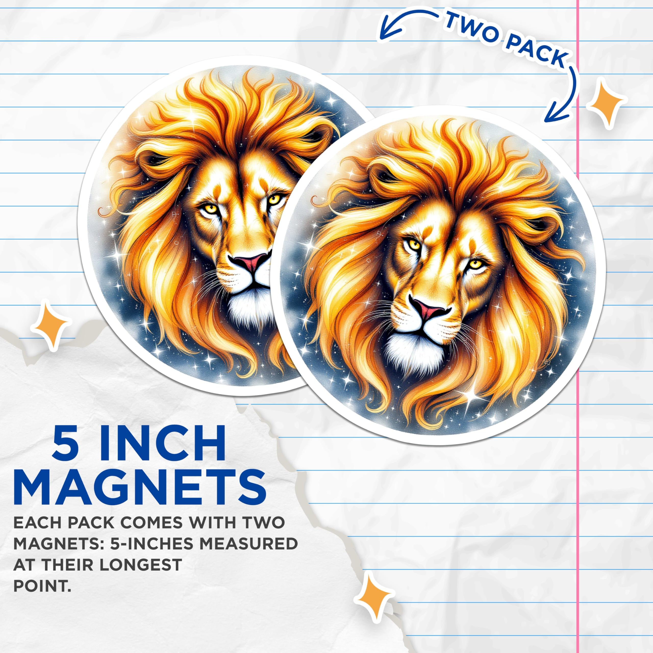 (2 Pack) Lion Art Magnets - Zodiac Sign Decor - Majestic Animal Fridge Embellishments - 5" On Longest Side - Premium Magnet - for Cars, Refrigerators, Toolboxes, Lockers - Made in USA - MAG16316