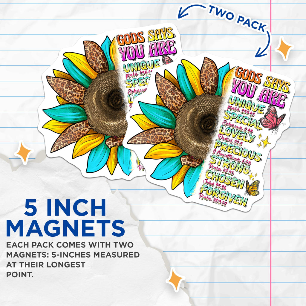 (2 Pack) God Says You are Magnets - Christian Affirmation Scripture - Sunflower Bible Verse Decor for Her - 5 Inches On Longest Side - Thick Durable Magnet - Made in USA - MAG30579