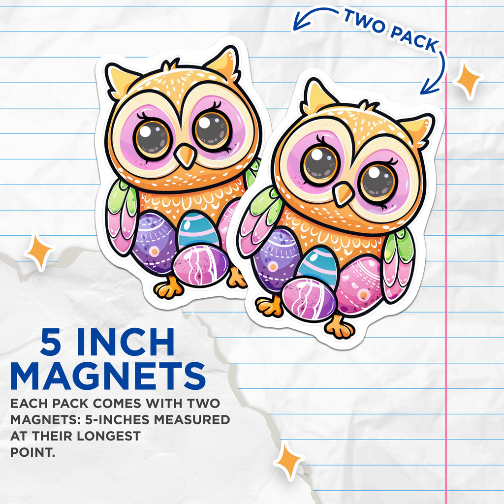 (2 Pack) Cute Easter Owl Magnets - Kawaii Spring Animal Decor - Refrigerator Whiteboard Locker Accessories - 5 Inches On Longest Side - Thick Durable Magnet - Made in USA - MAG36052