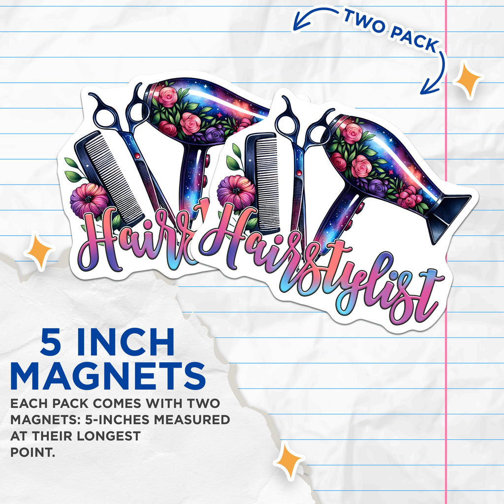 (2 Pack) Hairstylist Salon Decor Magnets - Cosmetology Student - Hairdresser Appreciation - 5 Inches On Longest Side - Thick Durable Magnet - Made in USA - MAG36841