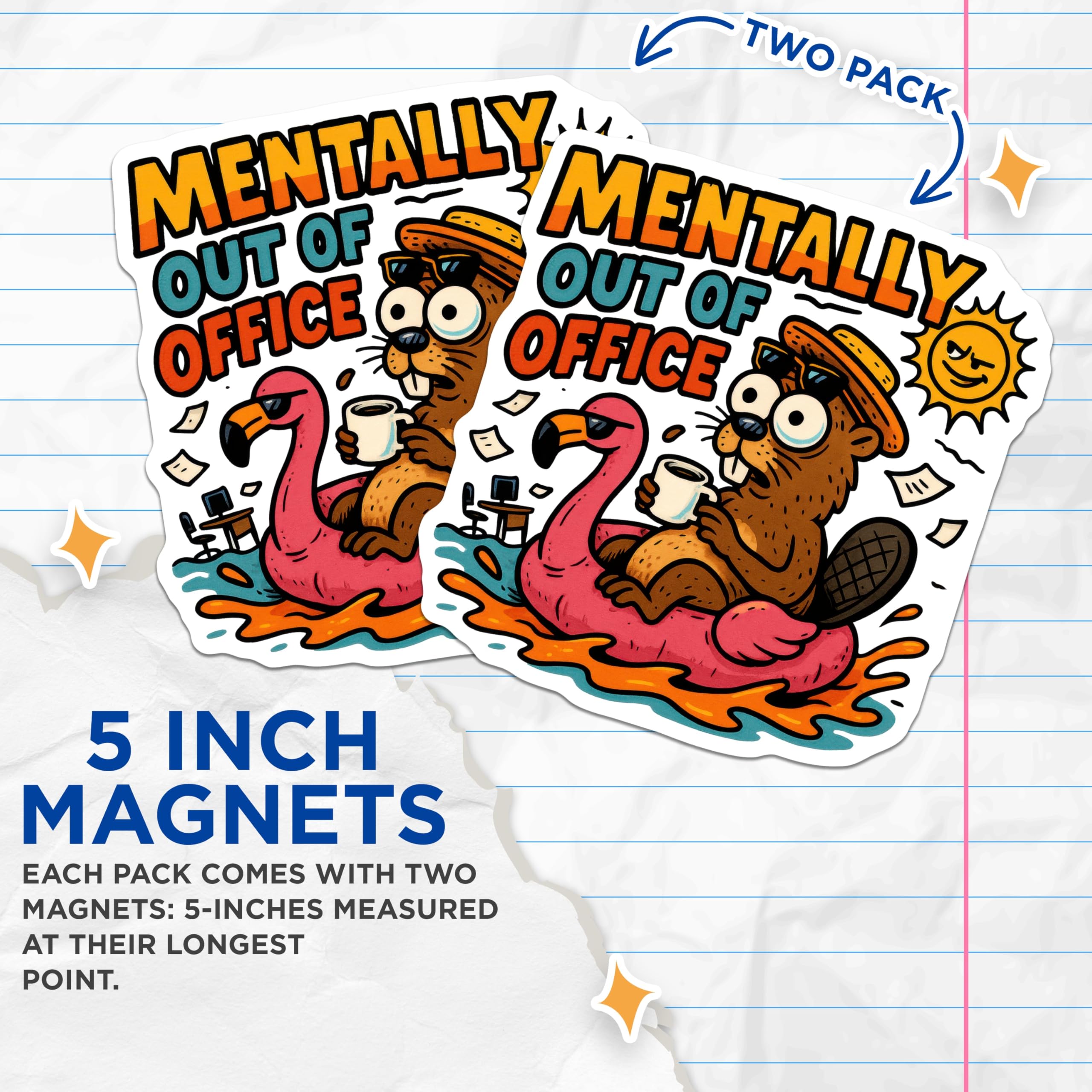 (2 Pack) Mentally Out of Office Magnets - Funny Beaver Flamingo - Work Humor Summer Vibes - Chill Vacation Theme - 5 Inches On Longest Side - Thick Durable Magnet - Made in USA - MAG21729