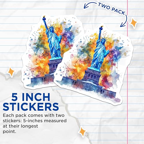 (2 Pack) Statue of Liberty Stickers - Vibrant New York Landmark - Colorful Watercolor Art Stickers - 5" On Longest Side - Sticks to Smooth Flat Surfaces - Made in USA - BMCS5196