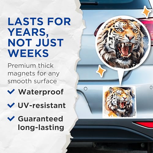 (2 Pack) Tiger Roaring Magnets Magnets - Animal Art - Wildlife Decor - 5" On Longest Side - Made in USA - Sticks to Refrigerators & Metal Surfaces - MAG8710