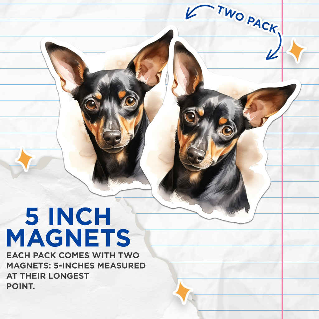 (2 Pack) Miniature Pinscher Magnets - Watercolor Dog Art - Min Pin Pet Lover Decor - 5 Inches On Longest Side - Thick Durable Magnet - Made in USA - MAG25752
