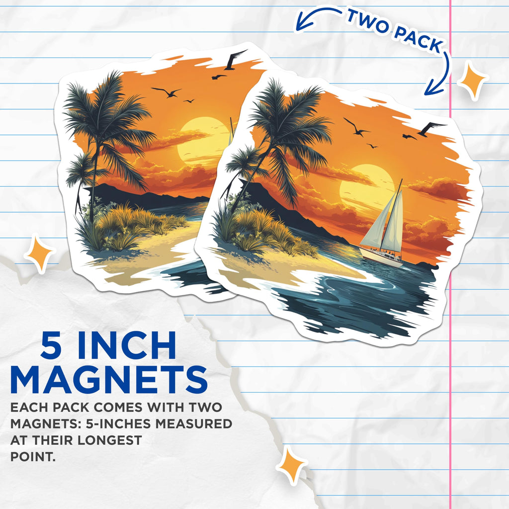 (2 Pack) Tropical Sunset Magnets - Coastal Beach Decor - Sailboat Paradise Vibe - Vacation Fridge Decor - 5 Inches On Longest Side - Thick Durable Magnet - Made in USA - MAG27360