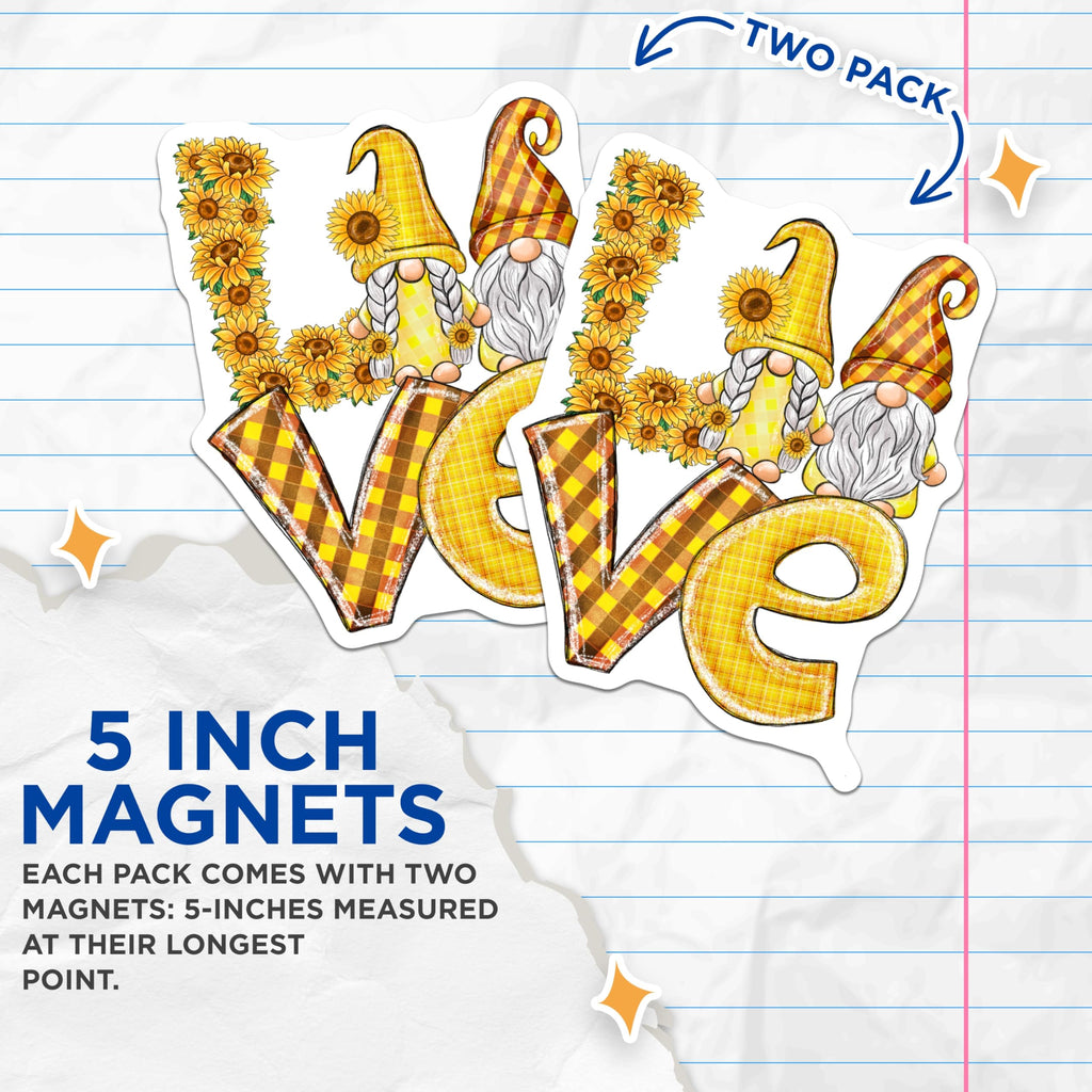 (2 Pack) Sunflower Gnomes Love Magnets - Floral Gnomes Decor - Refrigerator Magnets - 5" On Longest Side - Premium Magnet - for Cars, Refrigerators, Toolboxes, Lockers - Made in USA - MAG15870