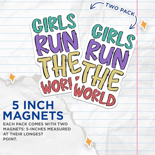(2 Pack) Girls Run The World Magnets Magnets - Inspirational Quote - Empowerment Message - 5" On Longest Side - Made in USA - Sticks to Refrigerators & Metal Surfaces - MAG8338