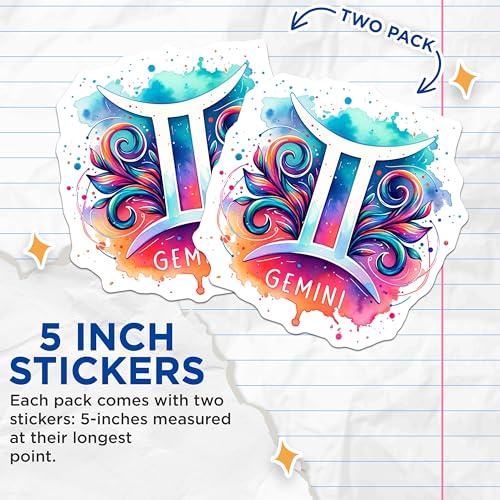 (2 Pack) Gemini Zodiac Stickers - Colorful Horoscope Art - Astrology Sign Deco - 5" On Longest Side - Sticks to Smooth Flat Surfaces - Made in USA - BMCS6623