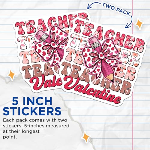 (2 Pack) Teacher Valentine Stickers - Cute Pencil Design - Heart Pattern Decals - 5" On Longest Side - Sticks to Smooth Flat Surfaces - Made in USA - BMCS7649