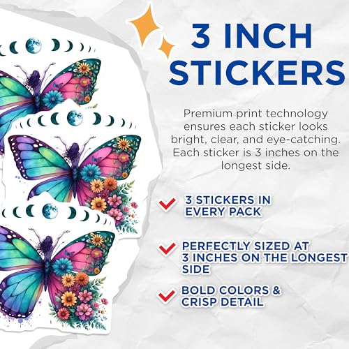 (3 Pack) Butterfly Woman Decals - Moon Phase Decal - Floral Laptop Decal - 3 Inches On Longest Side - Easy Peel & Apply - Made in USA - 3MCS8493