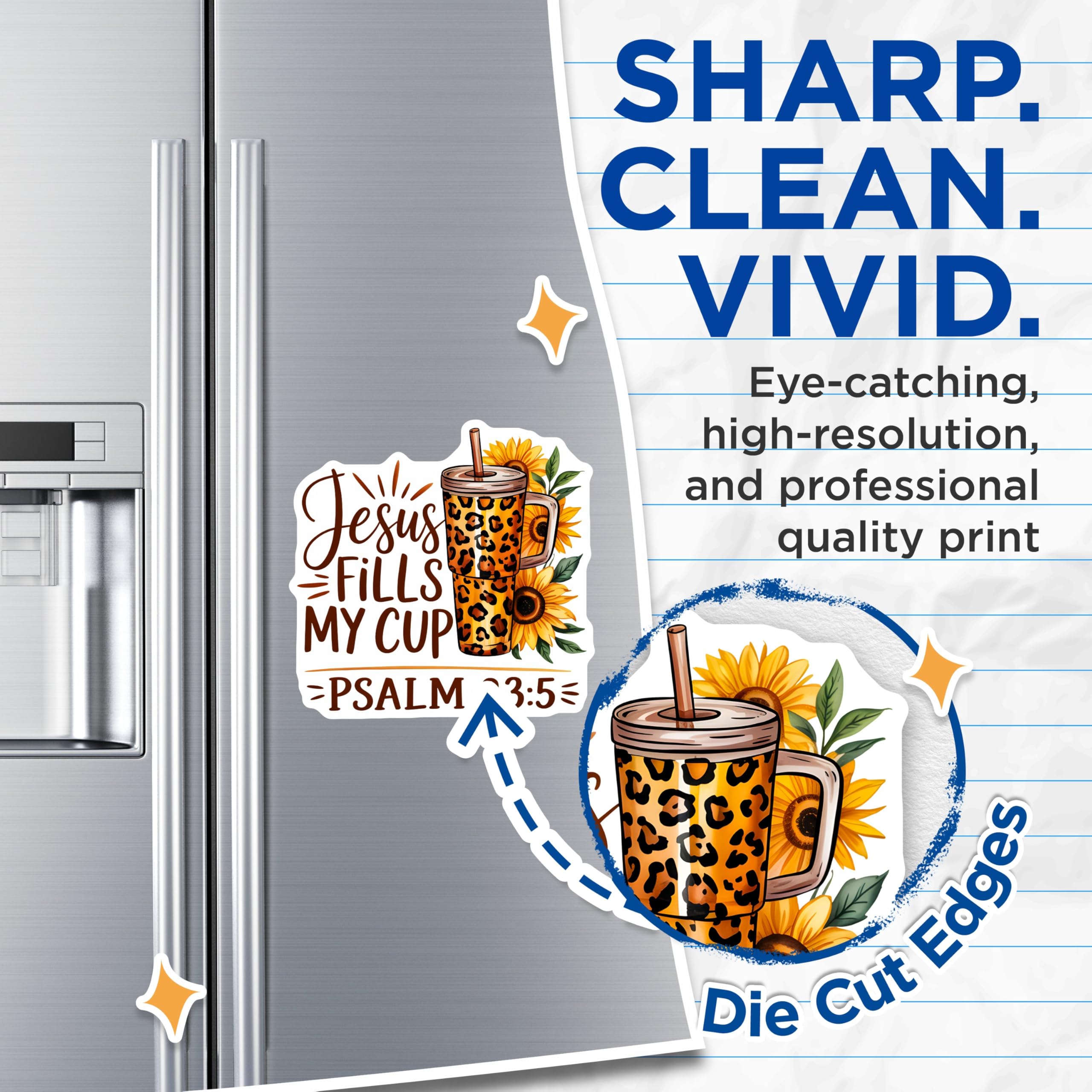 (2 Pack) Jesus Fills My Cup Magnets - Inspirational Christian Faith Decor - Psalm 23:5 Scripture Leopard Print Sunflowers Art - 5 Inches On Longest Side - Thick Durable Magnet - Made in USA - MAG23357