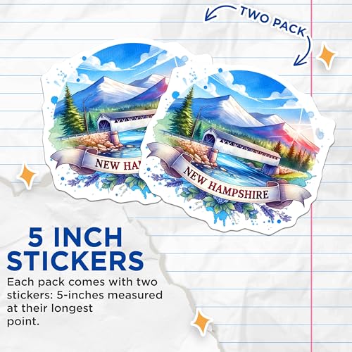 (2 Pack) New Hampshire Stickers - State Scenic View - Travel Souvenir - Nature Mountain Landscape - New England Series - 5" On Longest Side - Sticks to Smooth Flat Surfaces - Made in USA - BMCS6412