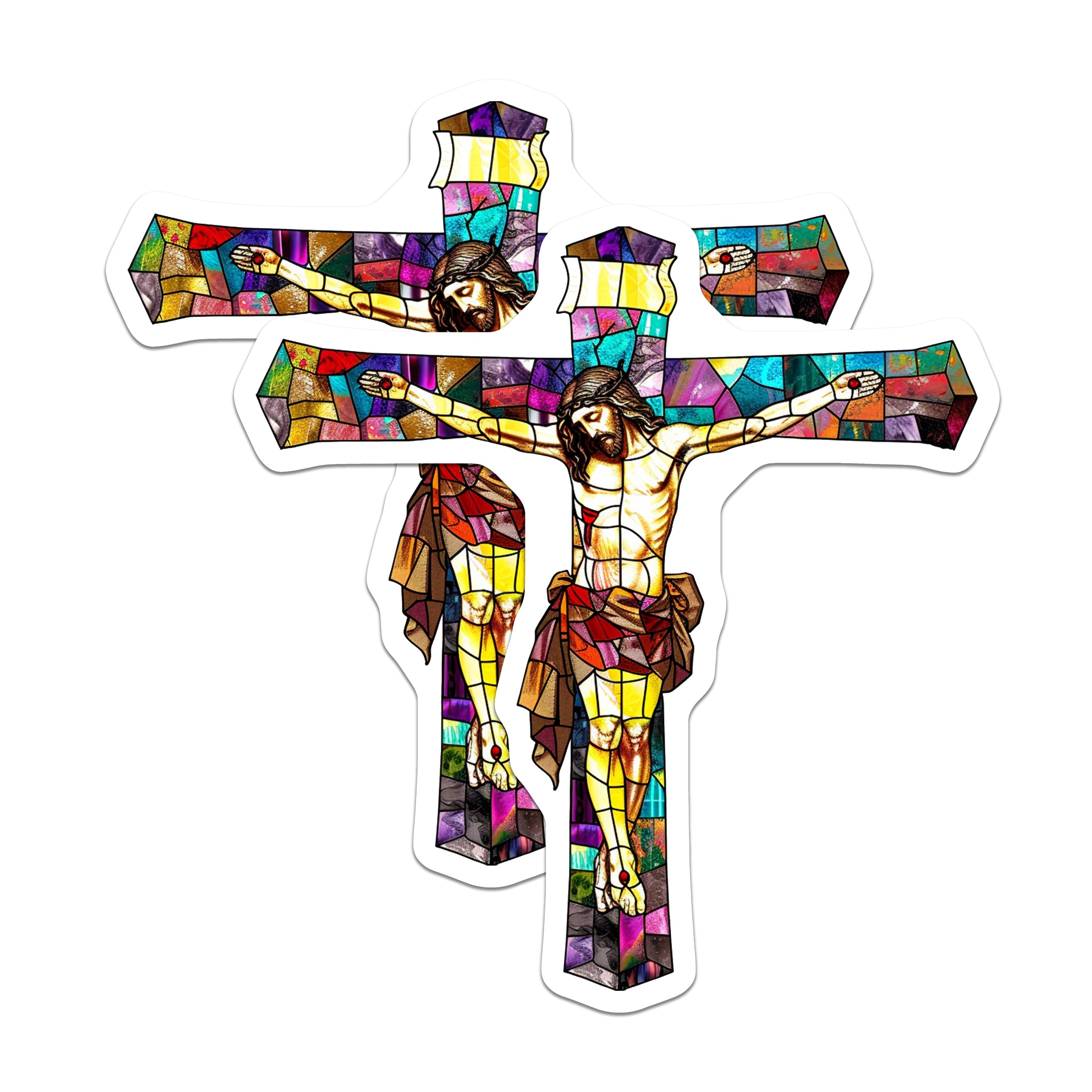 (2 Pack) Stained Glass Jesus Cross Magnets - Religious Catholic Faith Decor - Christian Easter Art Accent - 5 Inches On Longest Side - Thick Durable Magnet - Made in USA - MAG38604