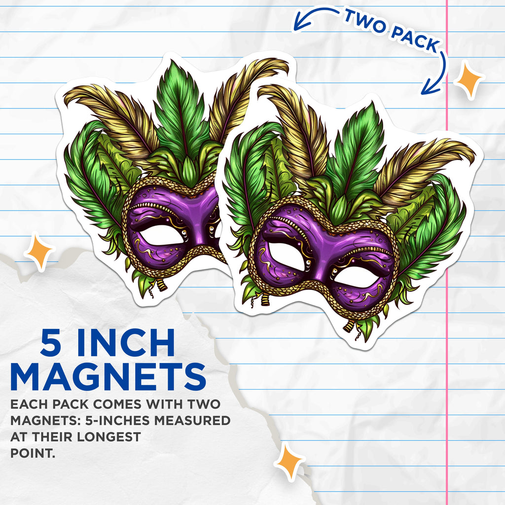 (2 Pack) Mardi Gras Mask Magnets - New Orleans Carnival Masquerade Decor - Purple Green Gold Festival Accessory - 5 Inches On Longest Side - Thick Durable Magnet - Made in USA - MAG36763