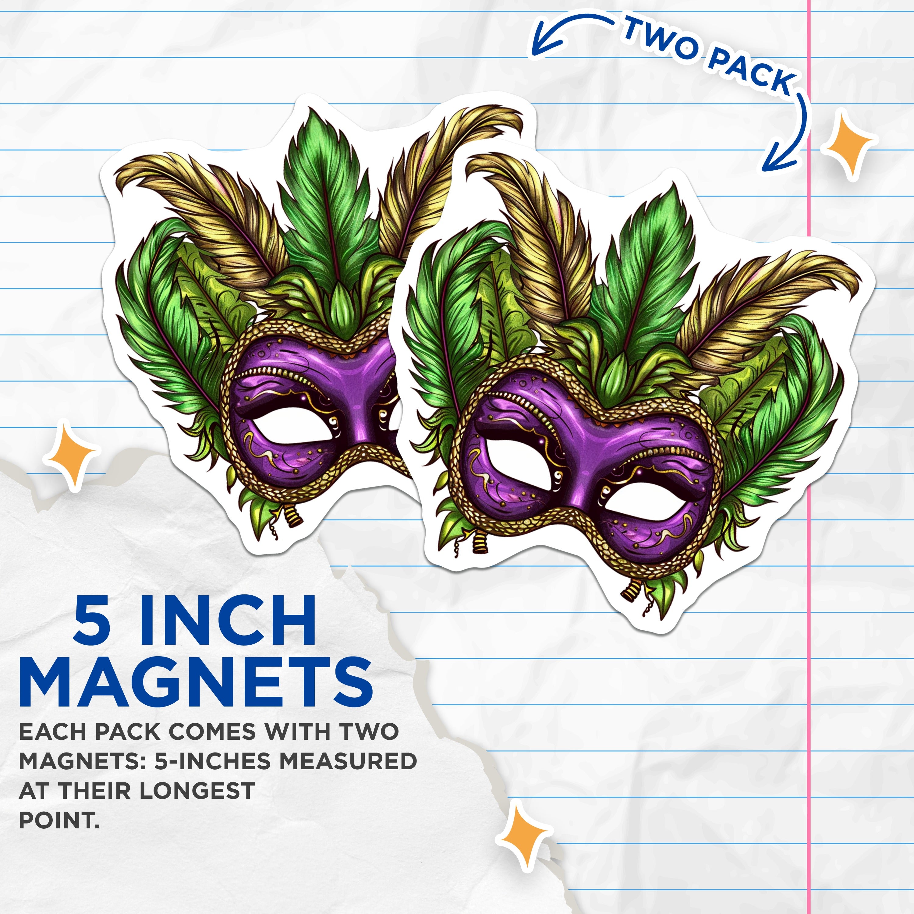 (2 Pack) Mardi Gras Mask Magnets - New Orleans Carnival Masquerade Decor - Purple Green Gold Festival Accessory - 5 Inches On Longest Side - Thick Durable Magnet - Made in USA - MAG36763