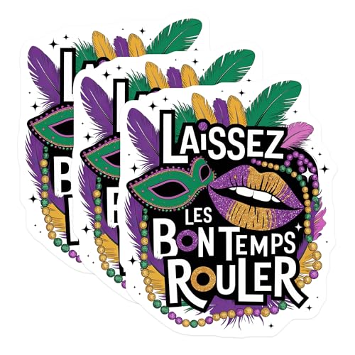 (3 Pack) Laissez Les Bons Temps Rouler Decals - Mardi Gras Mask - Party Decorations - 3 Inches On Longest Side - Easy Peel & Apply - Made in USA - 3MCS2587