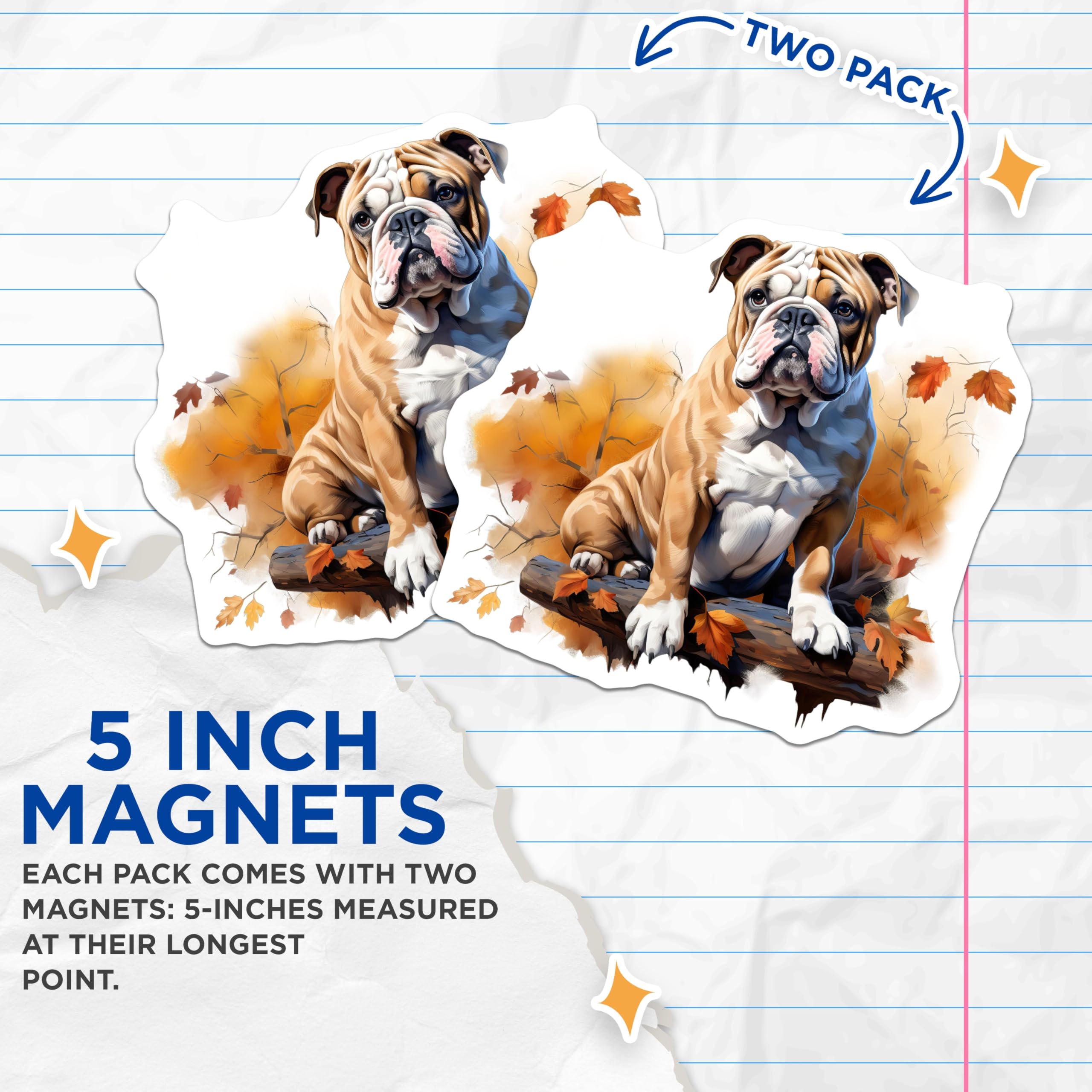 (2 Pack) Bulldog Autumn Magnets - Fall Dog Lover Decor - Pet Parent Refrigerator Art - Cozy Animal Home Accessory - 5 Inches On Longest Side - Thick Durable Magnet - Made in USA - MAG30450