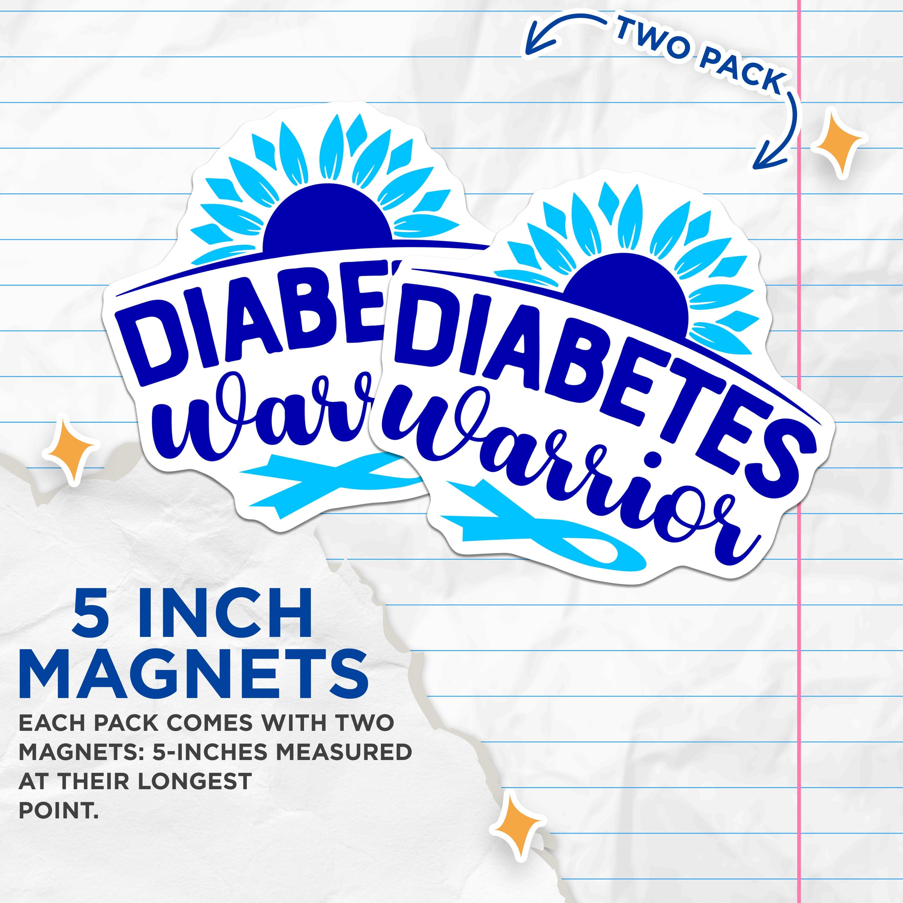 (2 Pack) Diabetes Warrior Magnets - Blue Awareness Ribbon - Inspirational Support Decor - 5 Inches On Longest Side - Thick Durable Magnet - Made in USA - MAG37487