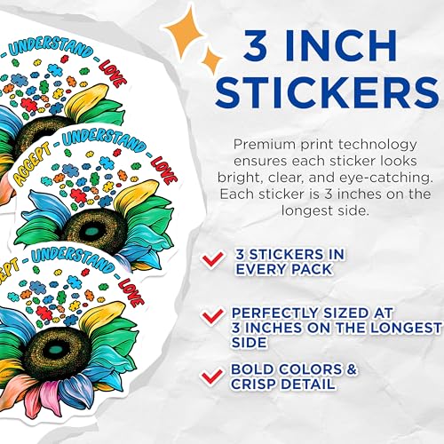 (3 Pack) Autism Awareness Decals - Sunflower Puzzle Piece - Accept Understand Love Stickers - 3 Inches On Longest Side - Easy Peel & Apply - Made in USA - 3MCS2127