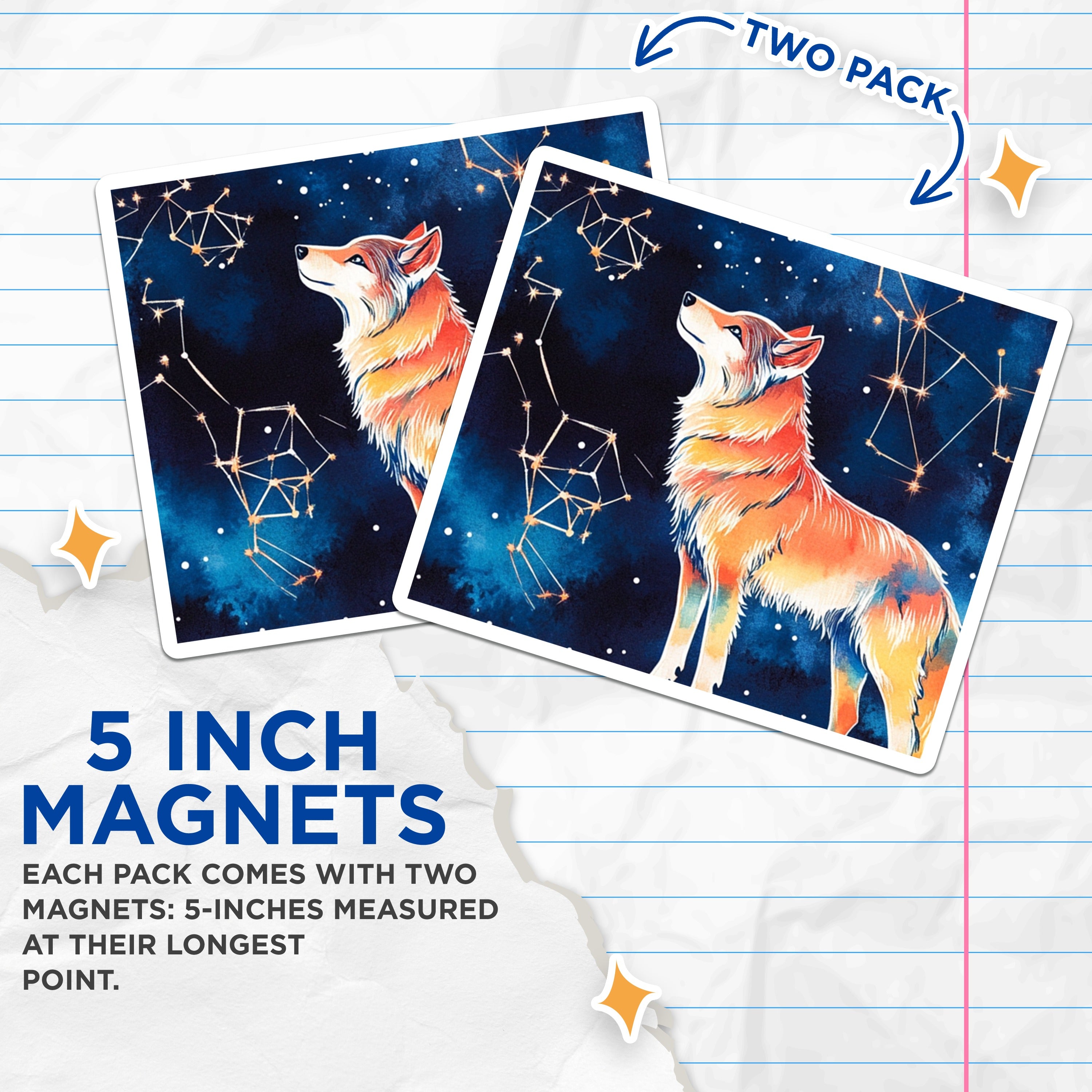 (2 Pack) Cosmic Wolf Magnets - Starry Night Animal Art - Mystical Creature Decor - 5 Inches On Longest Side - Thick Durable Magnet - Made in USA - MAG37575