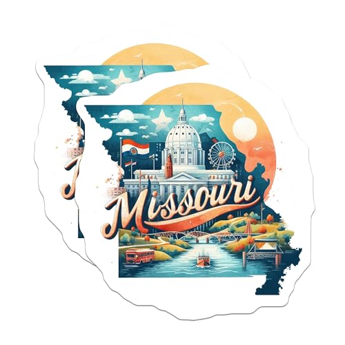 (2 Pack) Missouri State Illustration Stickers - Travel Souvenir Stickers - State Capitol Stickers - 5" On Longest Side - Sticks to Smooth Flat Surfaces - Made in USA - BMCS5172