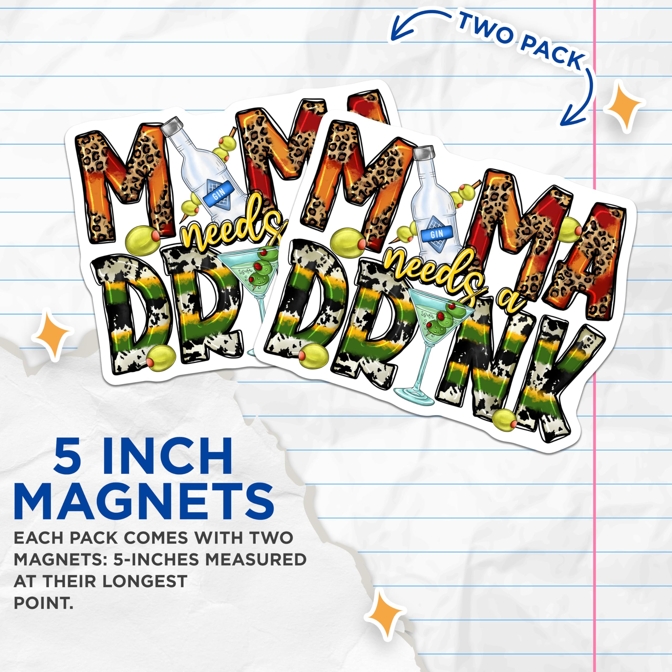 (2 Pack) Mama Needs A Drink Magnets - Funny Mom Life - Leopard Print Martini Decor - Refrigerator Kitchen Accessory - 5 Inches On Longest Side - Thick Durable Magnet - Made in USA - MAG30997