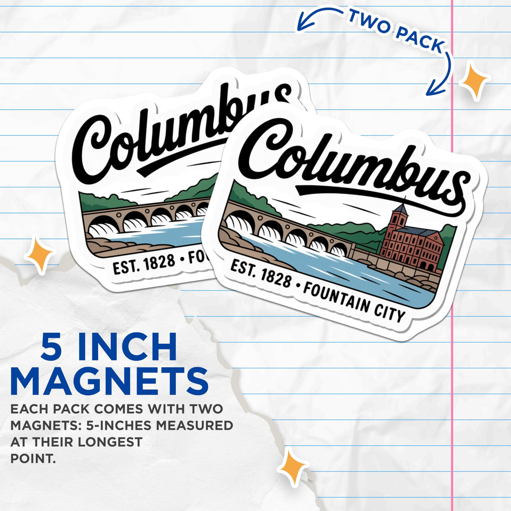 (2 Pack) Columbus Georgia Magnets - Fountain City Landmark - Chattahoochee Riverwalk Art - Est 1828 Travel Souvenirs - 5 Inches On Longest Side - Thick Durable Magnet - Made in USA - MAG19275