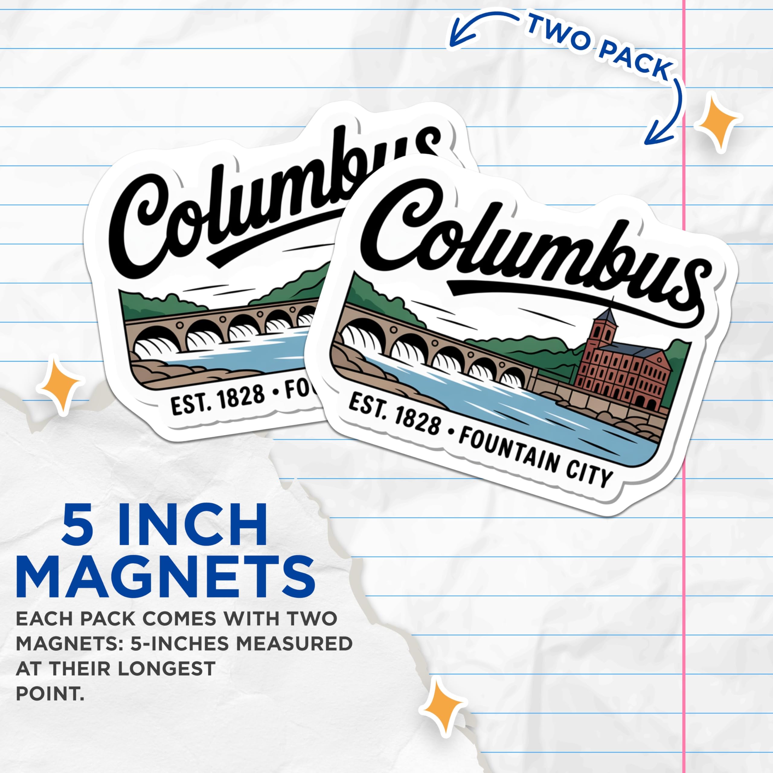 (2 Pack) Columbus Georgia Magnets - Fountain City Landmark - Chattahoochee Riverwalk Art - Est 1828 Travel Souvenirs - 5 Inches On Longest Side - Thick Durable Magnet - Made in USA - MAG19275