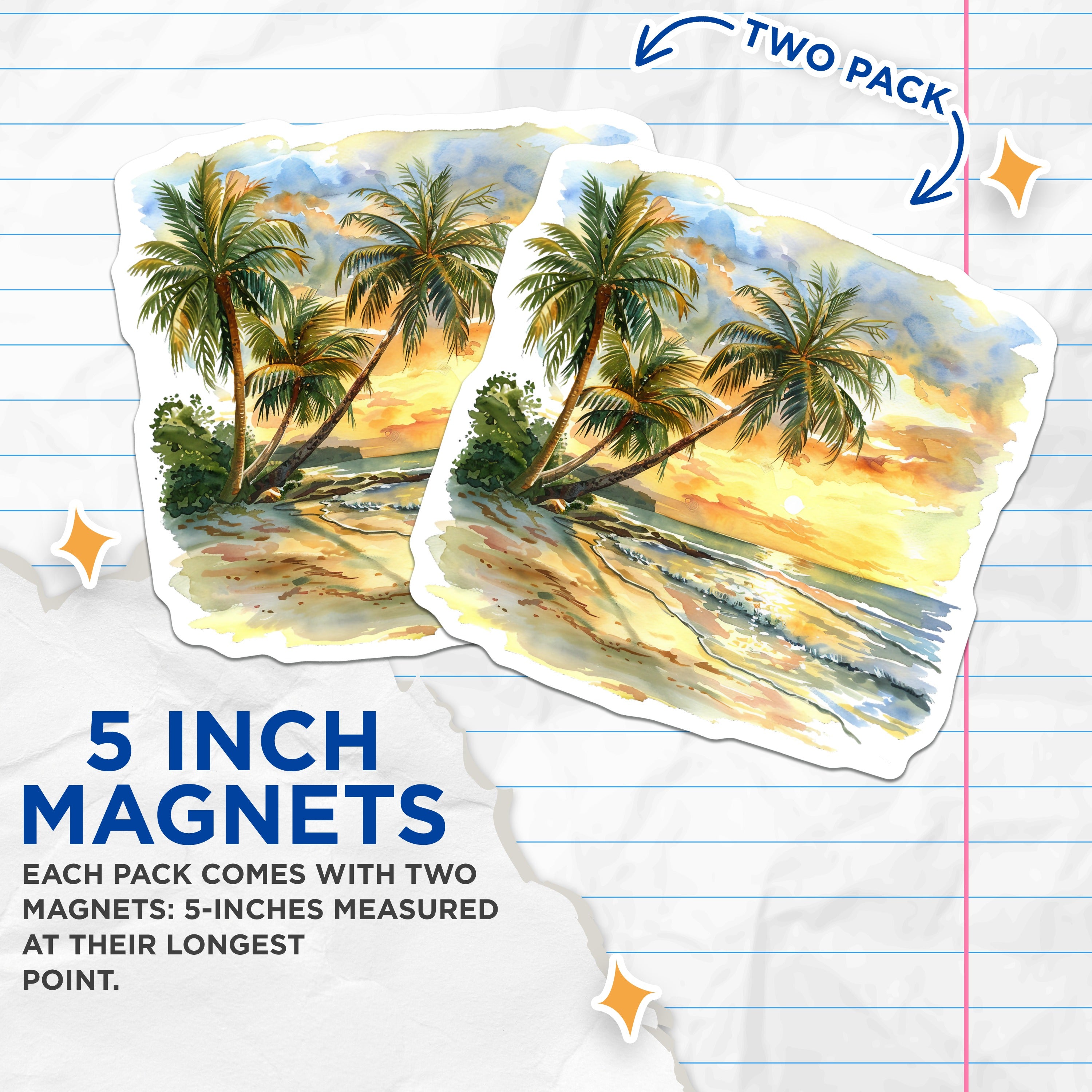 (2 Pack) Coastal Beach Sunset Magnets - Watercolor Palm Trees Scene - Tropical Ocean View Fridge Art - 5 Inches On Longest Side - Thick Durable Magnet - Made in USA - MAG36409