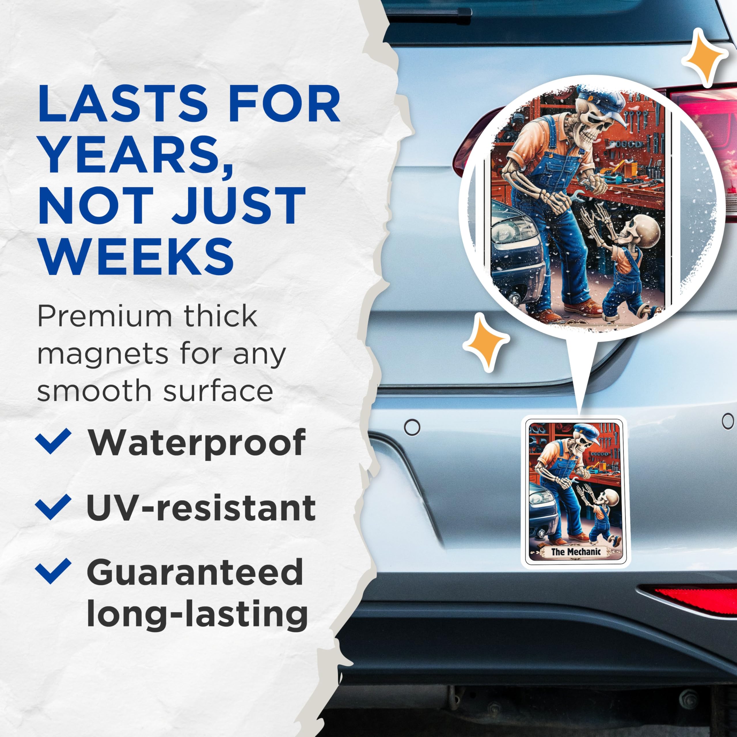 (2 Pack) The Mechanic Magnets - Skeleton Art - Workshop - Car Enthusiast - 5" On Longest Side - for Cars, Fridges, Toolboxes - Made in USA - MAG4474