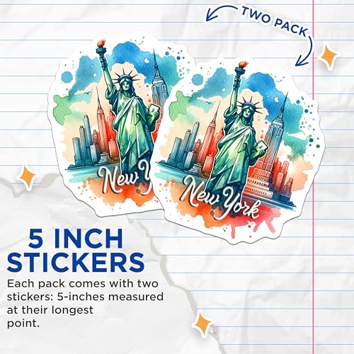 (2 Pack) New York City Stickers - Statue of Liberty - Skyline Art - 5" On Longest Side - Sticks to Smooth Flat Surfaces - Made in USA - BMCS6411