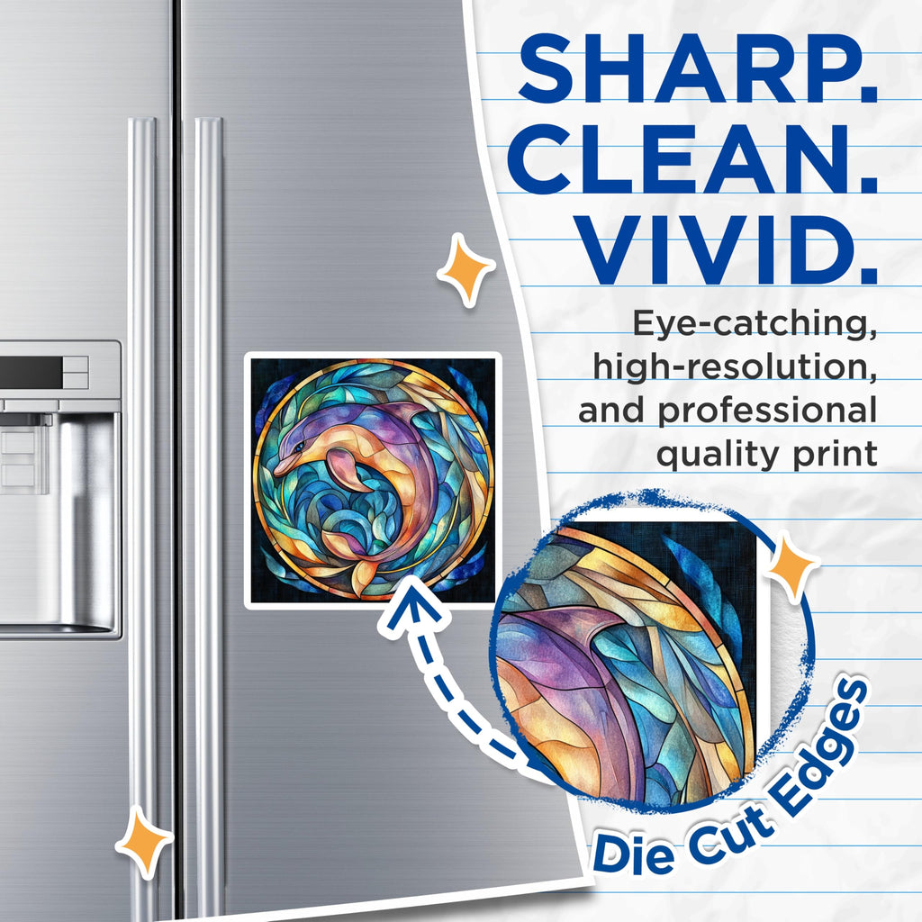 (2 Pack) Dolphin Stained Glass Magnets - Ocean Animal Refrigerator Decor - Vibrant Sea Life Art - Coastal Home Kitchen Accent - 5 Inches On Longest Side - Thick Durable Magnet - Made in USA - MAG30689