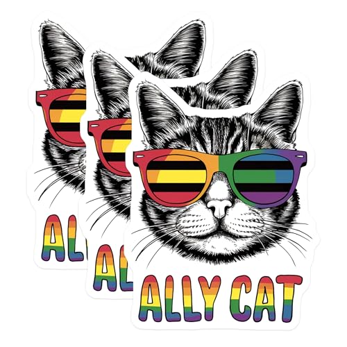 (3 Pack) Pride Ally Cat Decals - LGBTQ Cat Lover Stickers - Laptop Water Bottle Decal - 3 Inches On Longest Side - Easy Peel & Apply - Made in USA - 3MCS8311