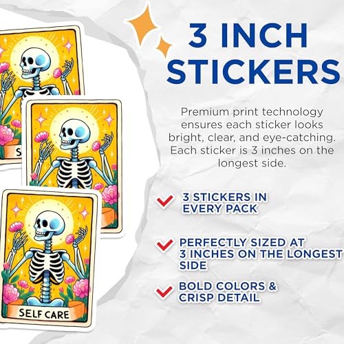 (3 Pack) Self Care Skeleton Decals - Laptop Sticker - Tarot Card Style Decals - 3 Inches On Longest Side - Easy Peel & Apply - Made in USA - 3MCS8183
