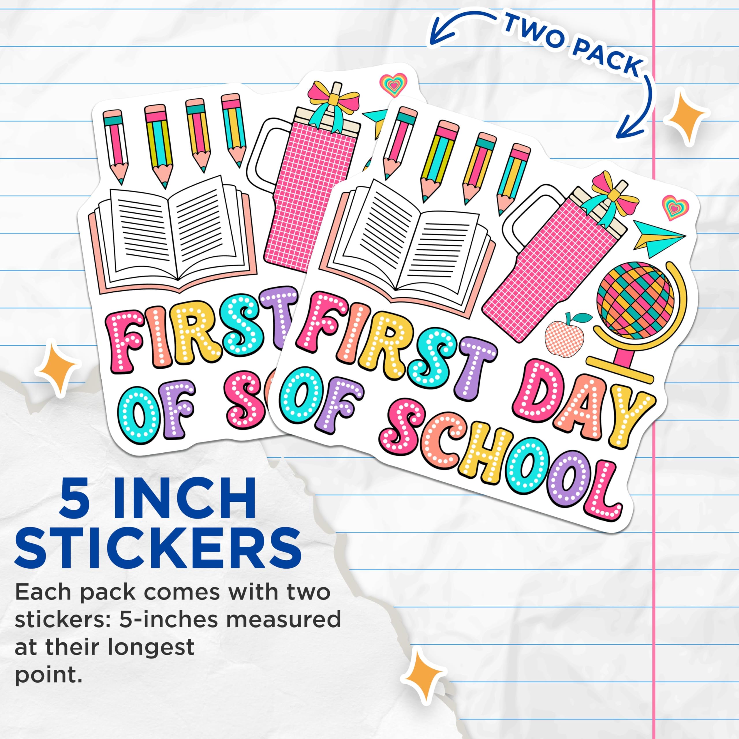 (2 Pack) First Day of School Stickers - Back to School - Kids Teacher Classroom Decor - 5" On Longest Side - Sticks to Smooth Flat Surfaces - Made in USA - BMCS9120